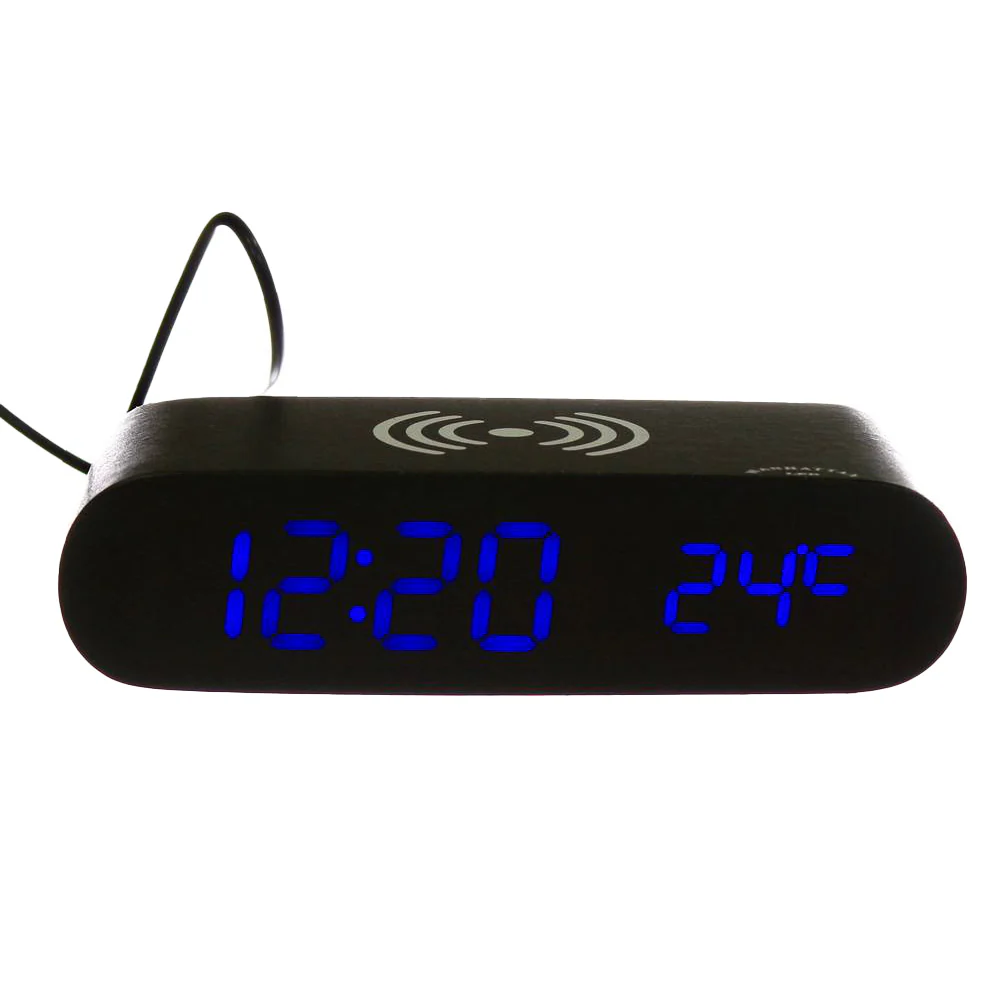 שעון LED מעץ בצבע שחור משולב עם מטען אלחוטי - Image 3
