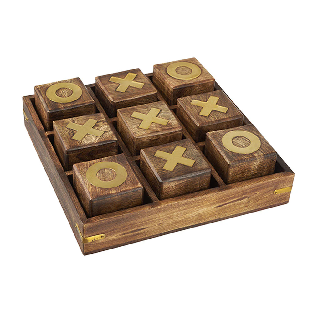 משחק איקס עיגול XO עם קוביות עץ ונחושת בבסיס עץ מהודר