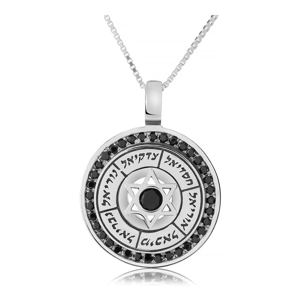 שרשרת כסופה עם שמות המלאכים משובצת אבני חן